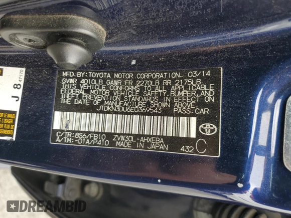 2014 Toyota Prius Four with VIN JTDKN3DU6E0369543, listed as a Copart auction lot 53692765 with 255,540 mi miles and Salvage Title. Bid and sale history available at DreamBid. Image 12.