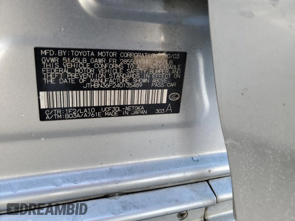 2004 Lexus LS 430 with VIN JTHBN36F240135489, listed as a Copart auction lot 41916125 with Not Provided miles and Salvage Title. Bid and sale history available at DreamBid. Image 14.
