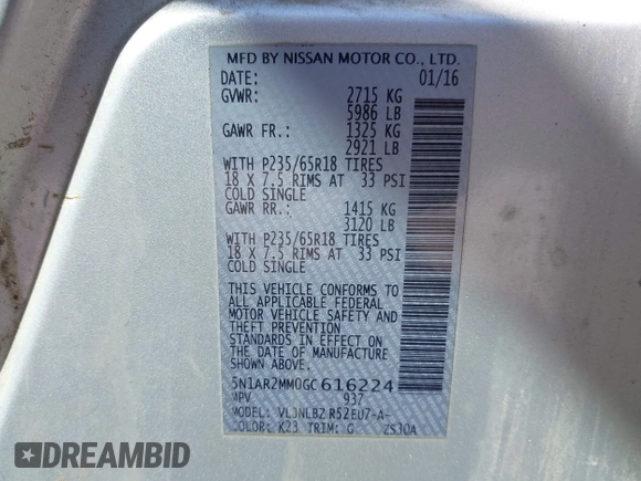 2016 Nissan Pathfinder Platinum with VIN 5N1AR2MM0GC616224, listed as a IAAI auction lot 42088422 with 131,411 mi miles. Bid and sale history available at carsss.com. Image 9.