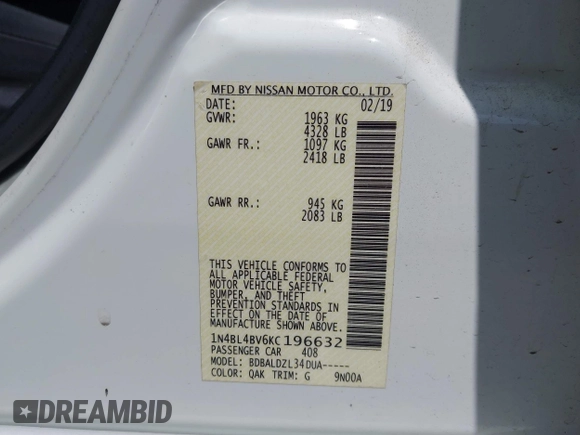 2019 Nissan Altima S with VIN 1N4BL4BV6KC196632, listed as a IAAI auction lot 41914605 with 106,597 mi miles and . Bid and sale history available at DreamBid. Image 9.