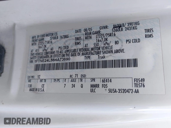 2006 Ford Econoline Cargo with VIN 1FTNE24L56HA73690, listed as a IAAI auction lot 42175802 with Not provided miles and . Bid and sale history available at DreamBid. Image 9.