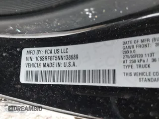 2022 Ram 1500 Big Horn с VIN 1C6SRFBT5NN138689, выставлен на аукционе IAAI как лот 42007451 с пробегом 55 504 миль миль и . История ставок и продаж доступна на DreamBid. Изображение 9.