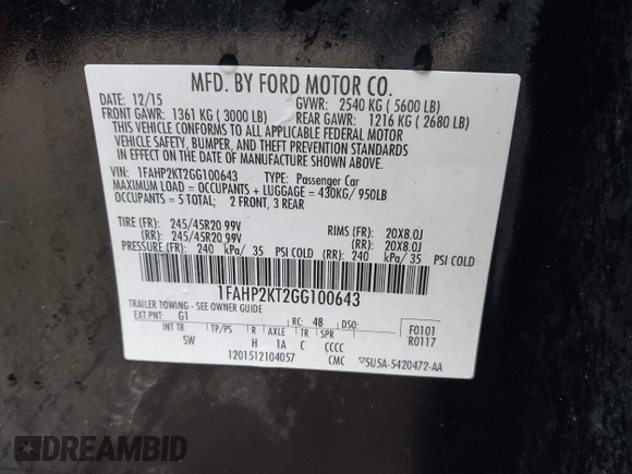 2016 Ford Taurus SHO with VIN 1FAHP2KT2GG100643, listed as a IAAI auction lot 42277356 with 113,215 mi miles and . Bid and sale history available at DreamBid. Image 9.