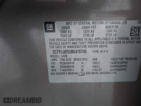 2011 GMC Terrain SLT-1 with VIN 2CTFLUE55B6416749, listed as a IAAI auction lot 41318282 with 249,022 mi miles and . Bid and sale history available at carsss.com. Image 9.