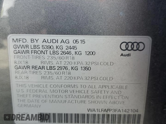 2015 Audi Q5 Premium Plus with VIN WA1LFAFP3FA142104, listed as a Copart auction lot 56766855 with 73,111 mi miles and Salvage title. Bid and sale history available at DreamBid. Image 13.