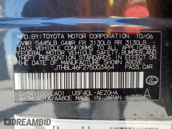 2007 Lexus LS 460 z VIN JTHBL46F275003464, wystawiony jako Copart lot #63515025 z przebiegiem 148 688 mil mil oraz Czysty tytuł • Clean title. Historia ofert i sprzedaży dostępna na DreamBid. Obrazek 12.