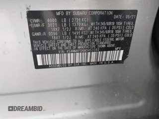 2021 Subaru Ascent Premium with VIN 4S4WMAFD6M3453392, listed as a IAAI auction lot 42400986 with 43,866 mi miles and . Bid and sale history available at DreamBid. Image 9.