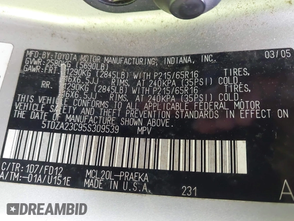 2005 Toyota Sienna CE с VIN 5TDZA23C95S309539, выставлен на аукционе IAAI как лот 41969691 с пробегом 263 592 миль миль и . История ставок и продаж доступна на DreamBid. Изображение 9.