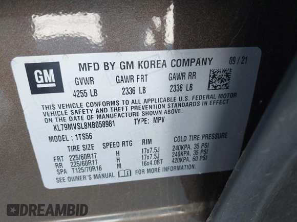 2022 Chevrolet TrailBlazer ACTIV with VIN KL79MVSL8NB058981, listed as a IAAI auction lot 41216065 with 54,200 mi miles and . Bid and sale history available at DreamBid. Image 9.