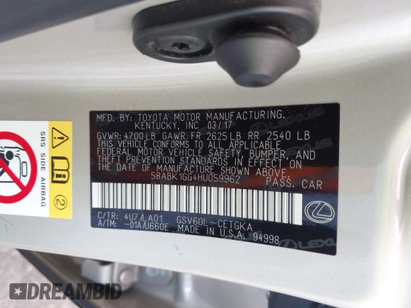 2017 Lexus ES 350 with VIN 58ABK1GG4HU059962, listed as a IAAI auction lot 42289970 with 100,887 mi miles and . Bid and sale history available at DreamBid. Image 9.