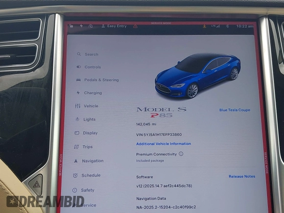 2014 Tesla Model S 60 z VIN 5YJSA1H17EFP33860, wystawiony jako IAAI lot #42471432 z przebiegiem 142 045 mil mil oraz . Historia ofert i sprzedaży dostępna na DreamBid. Obrazek 7.