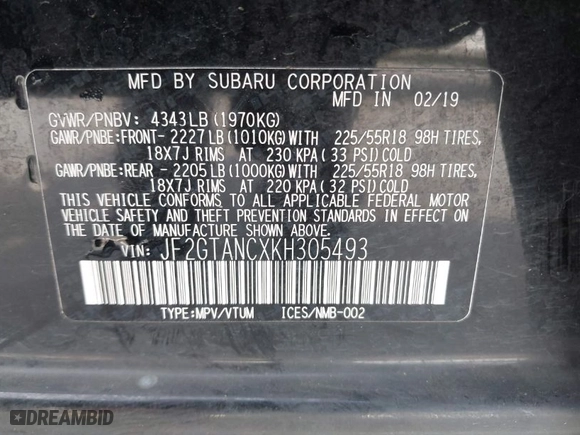 2019 Subaru Crosstrek Limited with VIN JF2GTANCXKH305493, listed as a IAAI auction lot 41979434 with 113,227 mi miles. Bid and sale history available at carsss.com. Image 9.