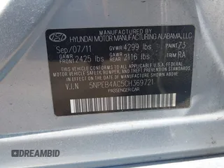 2012 Hyundai Sonata GLS with VIN 5NPEB4AC5CH369721, listed as a IAAI auction lot 42092971 with 125,089 mi miles and . Bid and sale history available at carsss.com. Image 9.