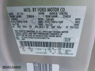 2010 Ford Escape XLT with VIN 1FMCU9D70AKD46774, listed as a IAAI auction lot 41857882 with 93,409 mi miles. Bid and sale history available at carsss.com. Image 9.