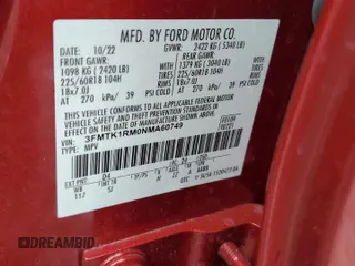 2022 Ford Mustang Mach-E Select с VIN 3FMTK1RM0NMA60749, выставлен на аукционе Copart как лот 56559175 с пробегом 35 155 миль миль и Списание • Salvage title. История ставок и продаж доступна на DreamBid. Изображение 14.