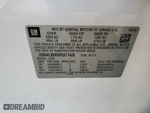 2015 GMC Terrain SLT with VIN 2GKALSEK9F6317426, listed as a Copart auction lot 49686875 with 83,639 mi miles and Salvage Title. Bid and sale history available at carsss.com. Image 13.
