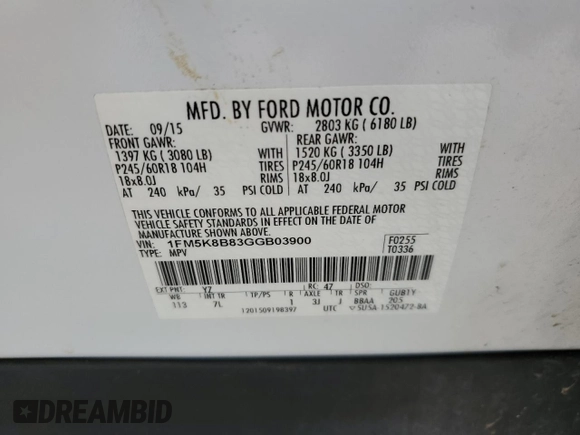 2016 Ford Explorer with VIN 1FM5K8B83GGB03900, listed as a Copart auction lot 57318015 with 177,096 mi miles and Salvage title. Bid and sale history available at DreamBid. Image 14.
