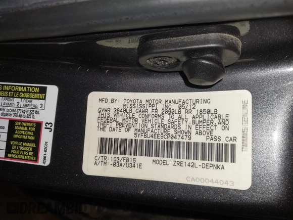 2012 Toyota Corolla L with VIN 5YFBU4EE9CP047479, listed as a IAAI auction lot 41727512 with 128,970 mi miles. Bid and sale history available at carsss.com. Image 9.