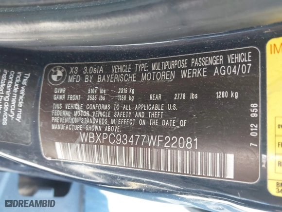 2007 BMW X3 3.0si with VIN WBXPC93477WF22081, listed as a IAAI auction lot 41679094 with 214,553 mi miles. Bid and sale history available at carsss.com. Image 9.
