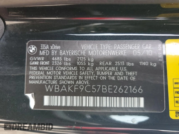 2011 BMW 3 Series 335i xDrive with VIN WBAKF9C57BE262166, listed as a Copart auction lot 42609885 with 119,831 mi miles and Salvage Title. Bid and sale history available at carsss.com. Image 12.