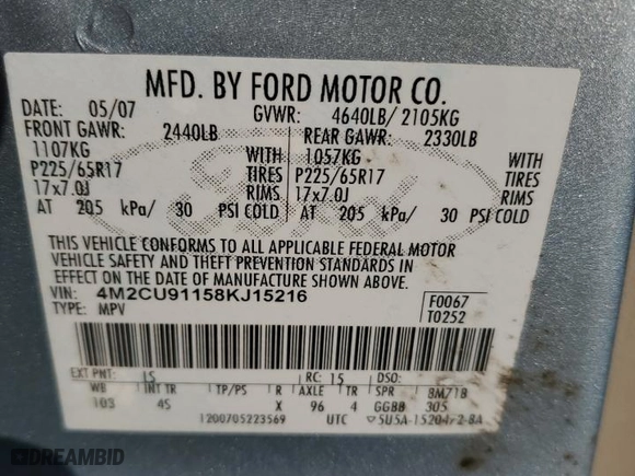 2008 Mercury Mariner with VIN 4M2CU91158KJ15216, listed as a Copart auction lot 47315155 with 125,093 mi miles and Salvage Title. Bid and sale history available at carsss.com. Image 13.