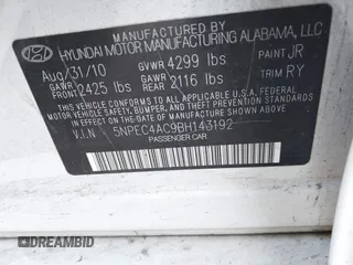 2011 Hyundai Sonata Limited z VIN 5NPEC4AC9BH143192, wystawiony jako IAAI lot #42370764 z przebiegiem 192 678 mil mil oraz . Historia ofert i sprzedaży dostępna na DreamBid. Obrazek 9.