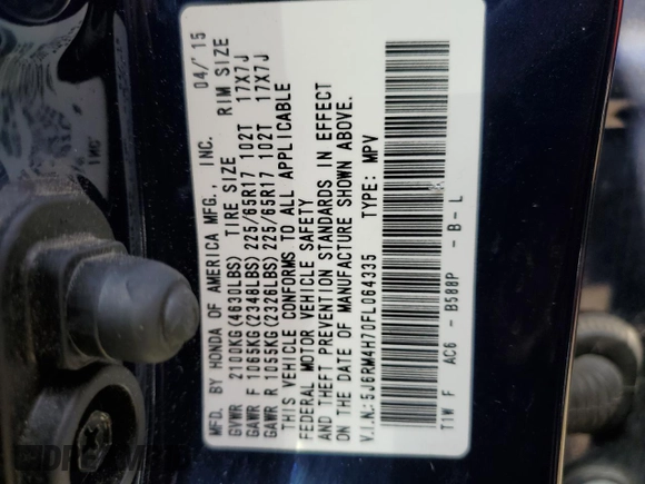 2015 Honda CR-V EX-L with VIN 5J6RM4H70FL064335, listed as a Copart auction lot 62815244 with 104,396 mi miles and Salvage Title. Bid and sale history available at carsss.com. Image 13.