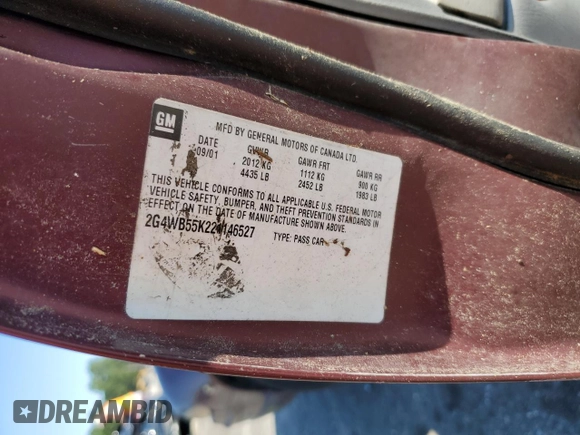 2002 Buick Regal LS with VIN 2G4WB55K221146527, listed as a Copart auction lot 75100704 with 0 mi miles and Salvage Title. Bid and sale history available at carsss.com. Image 13.