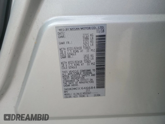 2018 Nissan Pathfinder SV with VIN 5N1DR2MM2JC646684, listed as a Copart auction lot 57104425 with 95,718 mi miles and Salvage title. Bid and sale history available at DreamBid. Image 13.