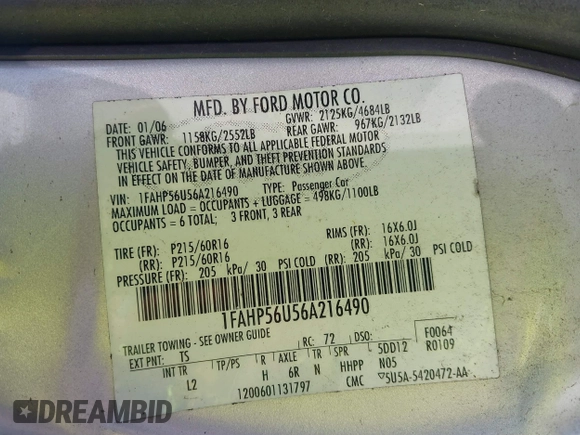 2006 Ford Taurus z VIN 1FAHP56U56A216490, wystawiony jako IAAI lot #41142565 z przebiegiem 189 796 mil mil oraz . Historia ofert i sprzedaży dostępna na DreamBid. Obrazek 9.