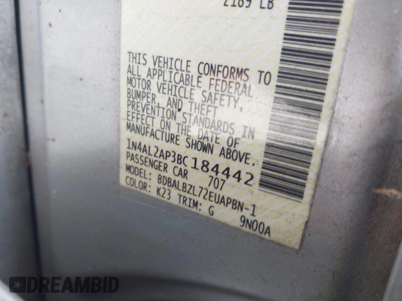 2011 Nissan Altima SL with VIN 1N4AL2AP3BC184442, listed as a IAAI auction lot 42548002 with 198,513 mi miles and . Bid and sale history available at DreamBid. Image 9.