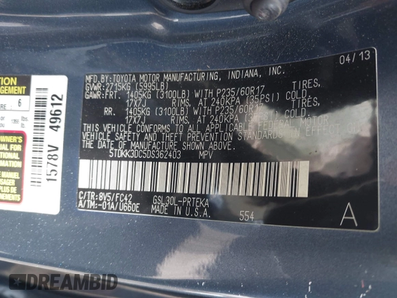 2013 Toyota Sienna LE AAS with VIN 5TDKK3DC5DS362403, listed as a IAAI auction lot 42632024 with 133,234 mi miles and . Bid and sale history available at DreamBid. Image 9.
