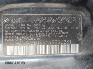 2006 BMW 3 Series 325i с VIN WBAVB13546PT26281, выставлен на аукционе IAAI как лот 42443724 с пробегом 55 310 миль миль и . История ставок и продаж доступна на DreamBid. Изображение 9.