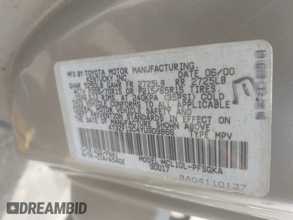 2000 Toyota Sienna LE z VIN 4T3ZF13C4YU309866, wystawiony jako IAAI lot #42184370 z przebiegiem 176 171 mil mil oraz . Historia ofert i sprzedaży dostępna na DreamBid. Obrazek 9.