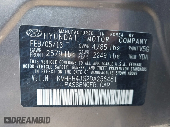 2013 Hyundai Azera with VIN KMHFH4JG2DA256481, listed as a IAAI auction lot 41673405 with 180,130 mi miles and . Bid and sale history available at DreamBid. Image 9.