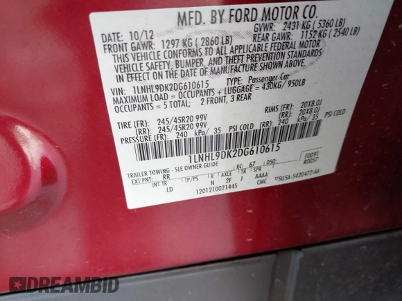 2013 Lincoln MKS with VIN 1LNHL9DK2DG610615, listed as a IAAI auction lot 41848247 with 46,832 mi miles and . Bid and sale history available at DreamBid. Image 9.