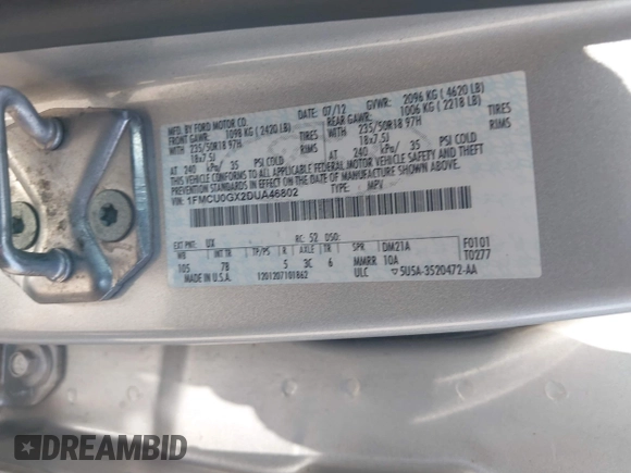 2013 Ford Escape SE с VIN 1FMCU0GX2DUA46802, выставлен на аукционе IAAI как лот 42438952 с пробегом 181 028 миль миль и . История ставок и продаж доступна на DreamBid. Изображение 9.