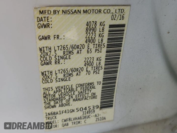 2016 Nissan Titan Platinum Reserve z VIN 1N6BA1F41GN504539, wystawiony jako Copart lot #64812975 z przebiegiem 143 144 mil mil oraz Szkoda całkowita • Salvage title. Historia ofert i sprzedaży dostępna na DreamBid. Obrazek 12.