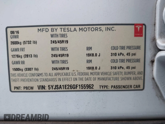 2016 Tesla Model S 90D with VIN 5YJSA1E26GF155962, listed as a IAAI auction lot 41348998 with 134,269 mi miles and . Bid and sale history available at DreamBid. Image 9.