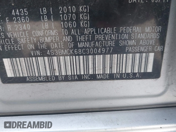2012 Subaru Legacy Limited with VIN 4S3BMCK68C3004977, listed as a IAAI auction lot 42208880 with 175,154 mi miles and . Bid and sale history available at DreamBid. Image 9.