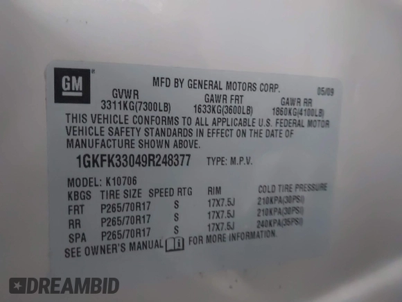 2009 GMC Yukon SLT 4SB with VIN 1GKFK33049R248377, listed as a IAAI auction lot 41702289 with 254,553 mi miles and . Bid and sale history available at DreamBid. Image 9.