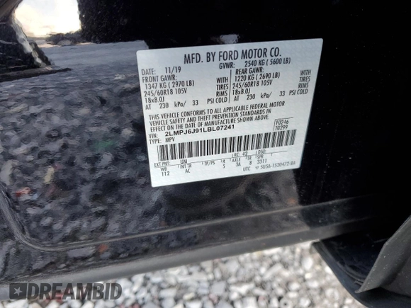2020 Lincoln Nautilus Standard with VIN 2LMPJ6J91LBL07241, listed as a Copart auction lot 87628875 with 51,093 mi miles and Salvage title. Bid and sale history available at DreamBid. Image 13.