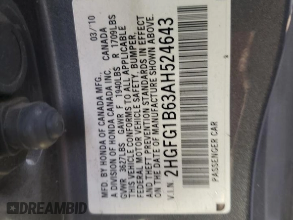 2010 Honda Civic Cpe LX with VIN 2HGFG1B63AH524643, listed as a Copart auction lot 54616325 with 0 mi miles and Salvage Title. Bid and sale history available at carsss.com. Image 12.