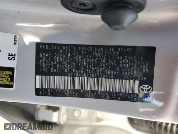2024 Toyota Corolla LE with VIN 5YFB4MDE1RP120838, listed as a Copart auction lot 61977045 with 28,394 mi miles and Clean title. Bid and sale history available at DreamBid. Image 12.