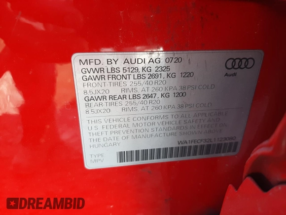 2020 Audi Q3 S line Prestige with VIN WA1FECF32L1123080, listed as a Copart auction lot 43293943 with 22,037 mi miles. Bid and sale history available at carsss.com. Image 13.