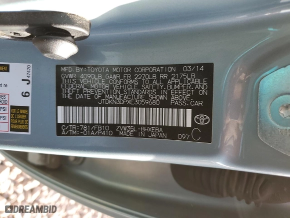 2014 Toyota Prius Plug-In with VIN JTDKN3DPXE3059680, listed as a Copart auction lot 41819435 with NaN miles and Salvage Title. Bid and sale history available at carsss.com. Image 12.