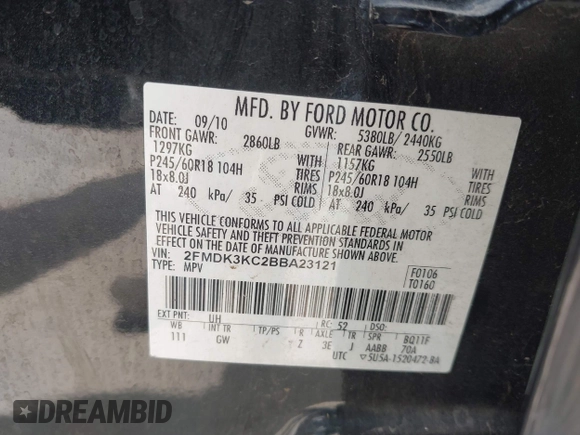 2011 Ford Edge Limited with VIN 2FMDK3KC2BBA23121, listed as a IAAI auction lot 42738283 with 134,970 mi miles and . Bid and sale history available at DreamBid. Image 9.