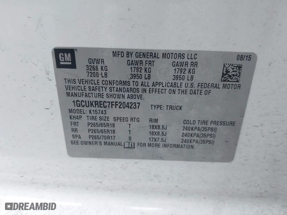 2015 Chevrolet Silverado 1500 LT with VIN 1GCUKREC7FF204237, listed as a IAAI auction lot 41903317 with 118,992 mi miles. Bid and sale history available at carsss.com. Image 9.