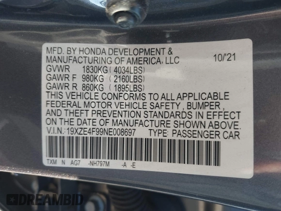 2022 Honda Insight Touring with VIN 19XZE4F99NE008697, listed as a IAAI auction lot 41381095 with 59,310 mi miles and . Bid and sale history available at DreamBid. Image 9.