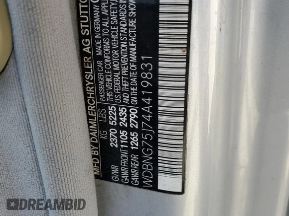 2004 Mercedes-Benz S 500 z VIN WDBNG75J74A419831, wystawiony jako Copart lot #56984295 z przebiegiem Nie podano mil oraz Czysty tytuł • Clean title. Historia ofert i sprzedaży dostępna na DreamBid. Obrazek 12.